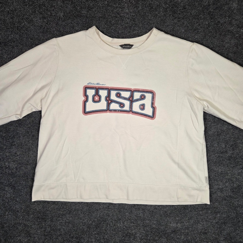 Eddie Bauer USA Graphic Sweatshirt Womens XL Cream Pullover Fleece Crew Neck